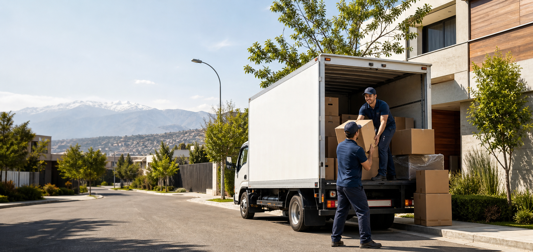Camion de mudanza y equipo de transporte preparando un flete residencial en Chile